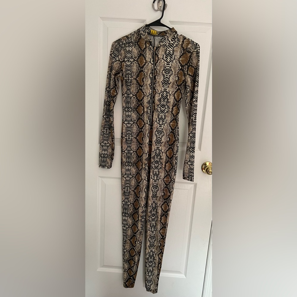 Snake print front zipper jumpsuit